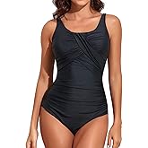 Smismivo Modest Swimsuits for Women Tummy Control One Piece Bathing Suit Slimming Crisscross Full Coverage U Neck Swimwear