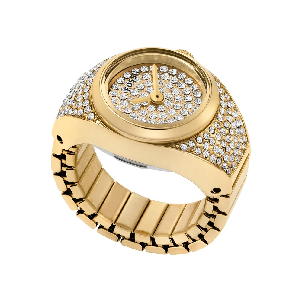 Fossil Women's Quartz Stainless Steel Two-Hand Watch Ring, Watch Rings for Women, Color: Gold All-Over Glitz (Model: ES5246) Image