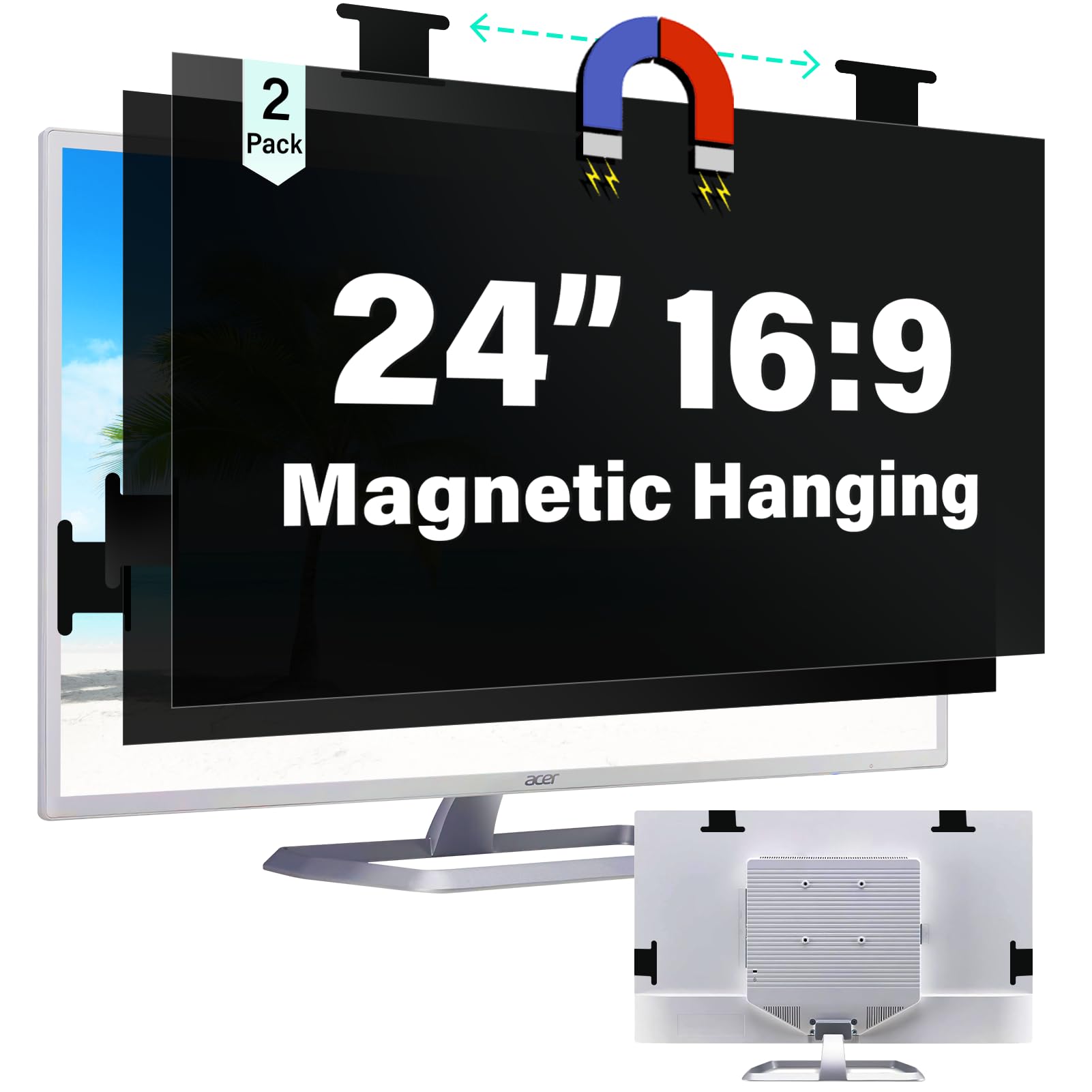 Photo 1 of [2 Pack] Magnetic Hanging 24 Inch Computer Privacy Screen for 16:9 Aspect Ratio Widescreen Monitor, Eye Protection Anti Glare Blue Light Computer Monitor Privacy Filter, Removable 24 in Protector Film