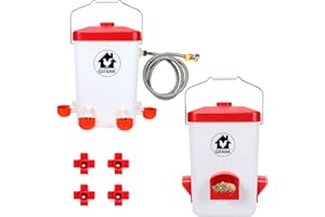 GIFANK Chicken Feeder and Chicken Waterer Set Automatic Chicken Feeder Hanging Poultry Waterer 3 Gallon with Waterer Nipples and Feeding Ports,Chicken Coop Accessories