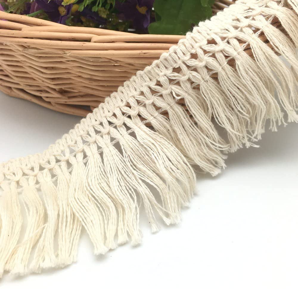 FQTANJU 5 Yards X 6cm Wide Cotton Tassel Fringe in Beige. (6cm)