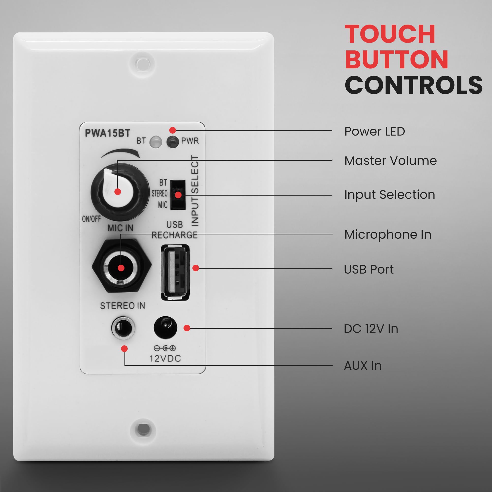 Pyle Bluetooth Receiver Wall Mount - in-Wall Audio Control with Built-in Amplifier | USB, Microphone, Aux (3.5mm) Input | Terminal Block | Connect 2 Speakers | 100 Watt - PWA15BT.5