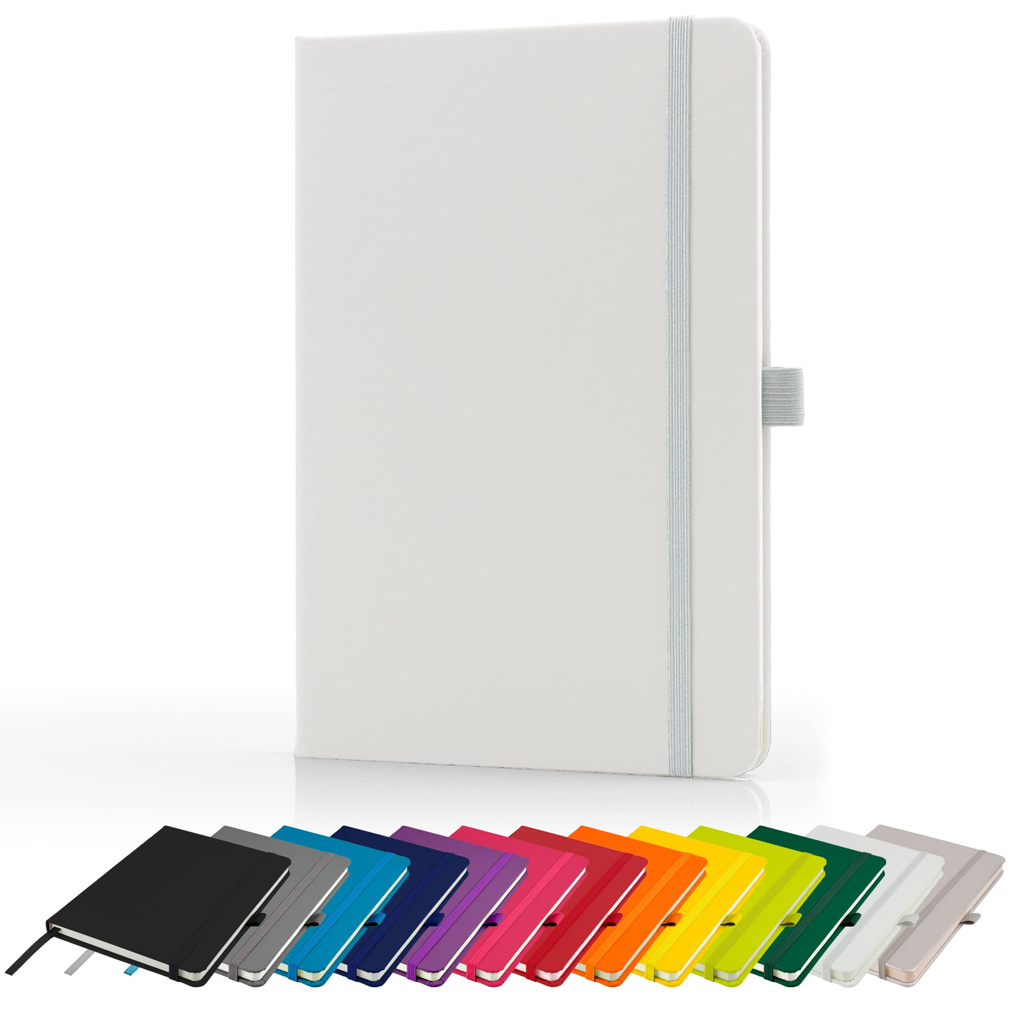 Savvy Bee Premium A5 Notebook New Lined Hardback Journal with Pen Loop,196 Page, Elastic Closure and Ribbon Marker Notepad Note Book Notes Pad (White)