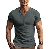 Gnvviwl Retro Henley Shirts for Men Short Sleeve Distressed Casual Button Slim Fit Tee Shirts