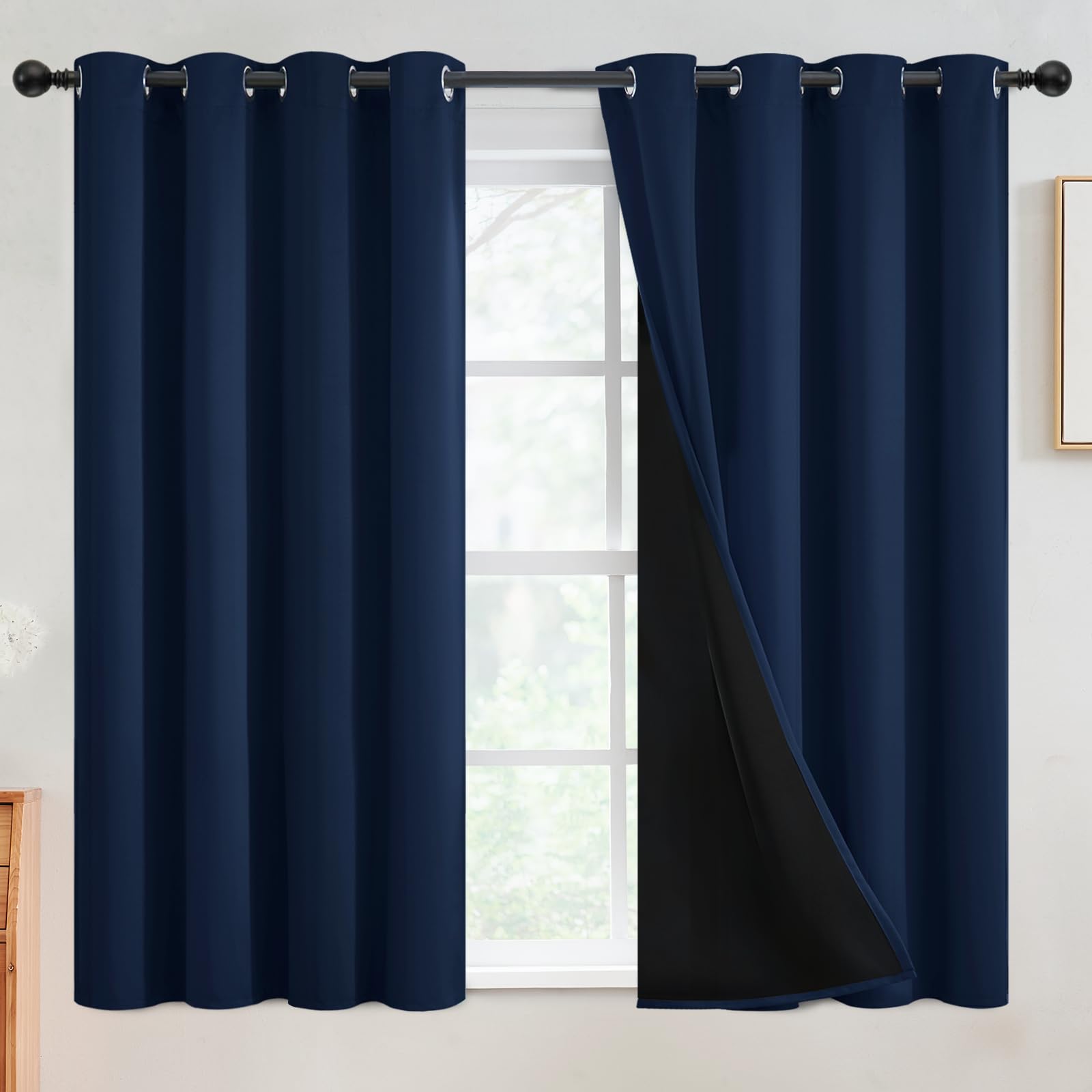 SimpleHome 100% Blackout Curtains for Bedroom,Thermal Insulated Navy Blue Grommet Window Drapes Room Darkening Curtains for Living Room with Black Back,52 x 54 Inch,2 Panels Image