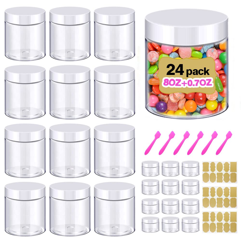 8oz 250ml Slime Containers with Lids Plastic Jars + 20g Sample Containers (Set of 24) for Dry Food, Peanut Butter, Cream, Sugar Scrub