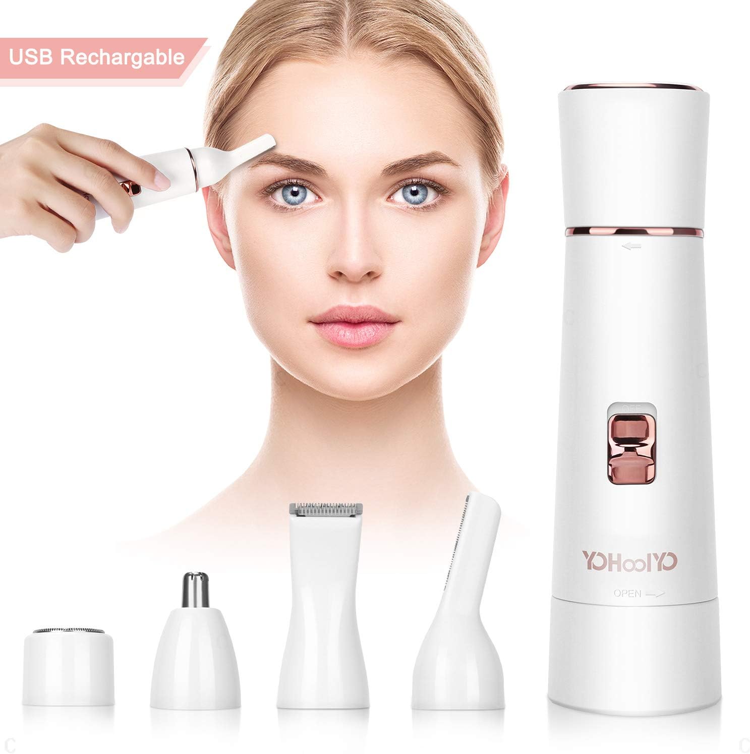 YOHOOLYO Facial Hair Remover Women Lady Shaver Rechargeable 4 in 1 Women Shaver Wet and Dry Use USB Charging for Face Eyebrow Nose and Body