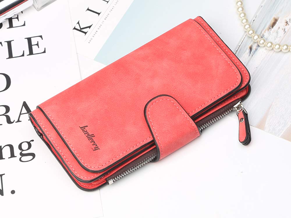Buckle Women\'s Wallet Big Three-fold Buckle Multi-card Scrub Fabric Zipper Wallet Clutch (Red)