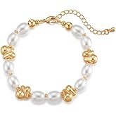 vevelota Pearl Bracelet for Women 18K Gold Plated Beaded Link Chain Dainty Bracelet with Simulated Pearl Trendy Stack