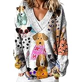 Women's Casual Cute Graphic Print V-Neck Pullover Sweater Fall and Winter Oversized Vintage Long Sleeve Floral Tops