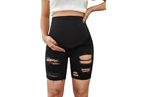 Floerns Women's Maternity Ripped Roll Hem Jeans Pregnant Denim Shorts