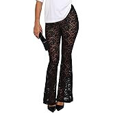 Dressmine Women Black Rave Sexy Lace Pants Mesh Sheer Flare Bottom Leggings Hollow Out Cover Up 70 s Pants