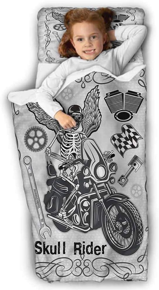 Motorcycle Kids Toddler Nap Mat Hispter Skull Motif Daycare and Sleepovers 43X21 INCH
