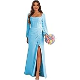 ZXWDFZ Long Sleeve Bridesmaid Dresses for Women Chiffon Square Neck A-line Pleated Wedding Guest Dress with Slit