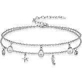 BETHZA Genuine Pearl Anklets for Women 925 Sterling Silver Adjustable Layered Pearl Ankle Bracelets Foot Jewelry for Summer Beach