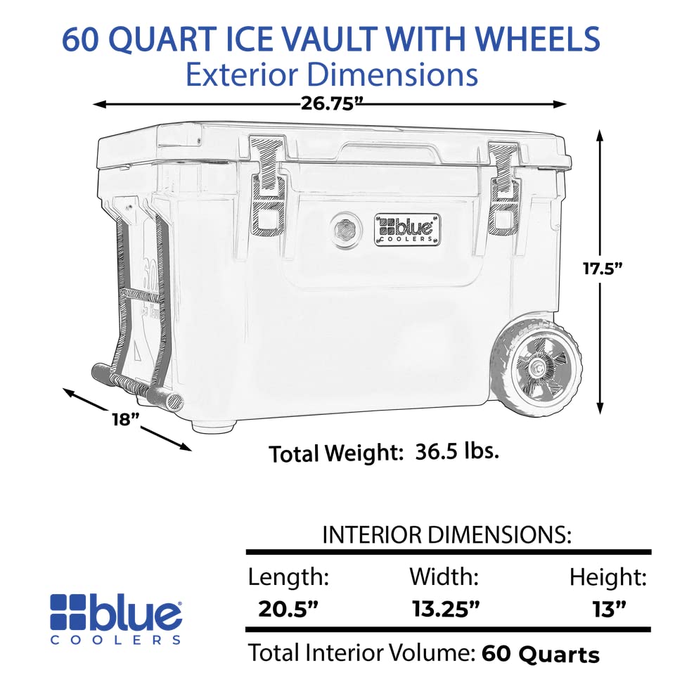 Blue Coolers Ice Vault 60 Quart, RotoMolded Ice Cooler with Wheels