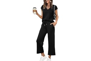 Saloogoe Two Piece Sets for Women Summer Outfits Lounge Sets V Neck Tops Wide Leg Pants Woman Vacation Travel Outfits