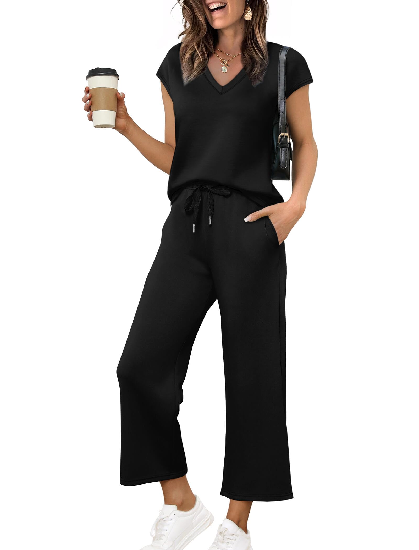 Photo 1 of **MSRP 17.99** Two Piece Sets for Women Beach Vacation Pants Set Date Outfits Matching Sets Women Clothing Business Casual Travel Outfits Wide Leg Crop Pants Black S