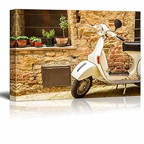 Canvas Prints Wall Art - Vintage Scene with Vespa on Old Street | Modern Wall Decor/Home Decoration Stretched Gallery Canvas Wrap Giclee Print. Ready to Hang - 12" x 18"