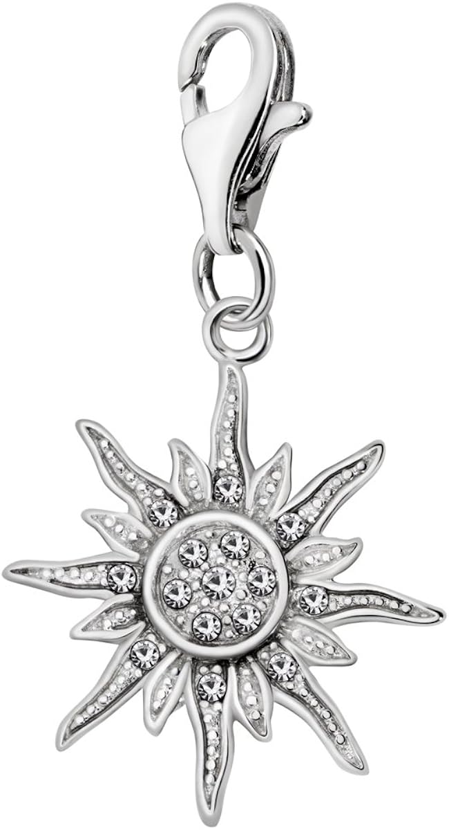 Quiges 925 Sterling Silver White Cubic Zirconia Sun Rays Lobster Clasp Charm Clip on Pendant, White Zirconia Sun Rays, 30 millimètres