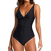 Smismivo Women's Tummy Control Swimsuit One Piece Slimming Ruched Push Up Bathing Suit Vintage Padded Retro V Neck Swimwear