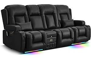 TUNYI Power Loveseat Recliner Sofa with Massage & Heat Home Theater Seating with Console RV Recliner Loveseat Sofa with USB/Outlet/Storage/Side Pocket/LED Light/Speaker (Black, 4 Seat)