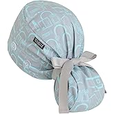 Scrub Caps Women Ponytail – Medical Grey Blue Double-Sided Printed Surgical Hat with Buttons and Sweatband, Soft Nurse Cap for Long Hair, Helps Reduce Static Buildup