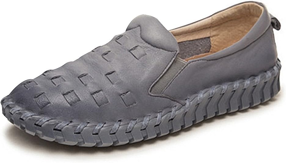 Leather Fashion Women's Shoes,Slip on Flat Casual Handmade Fashion Stitching Shallow Mouth Round Pregnant Women Loafer