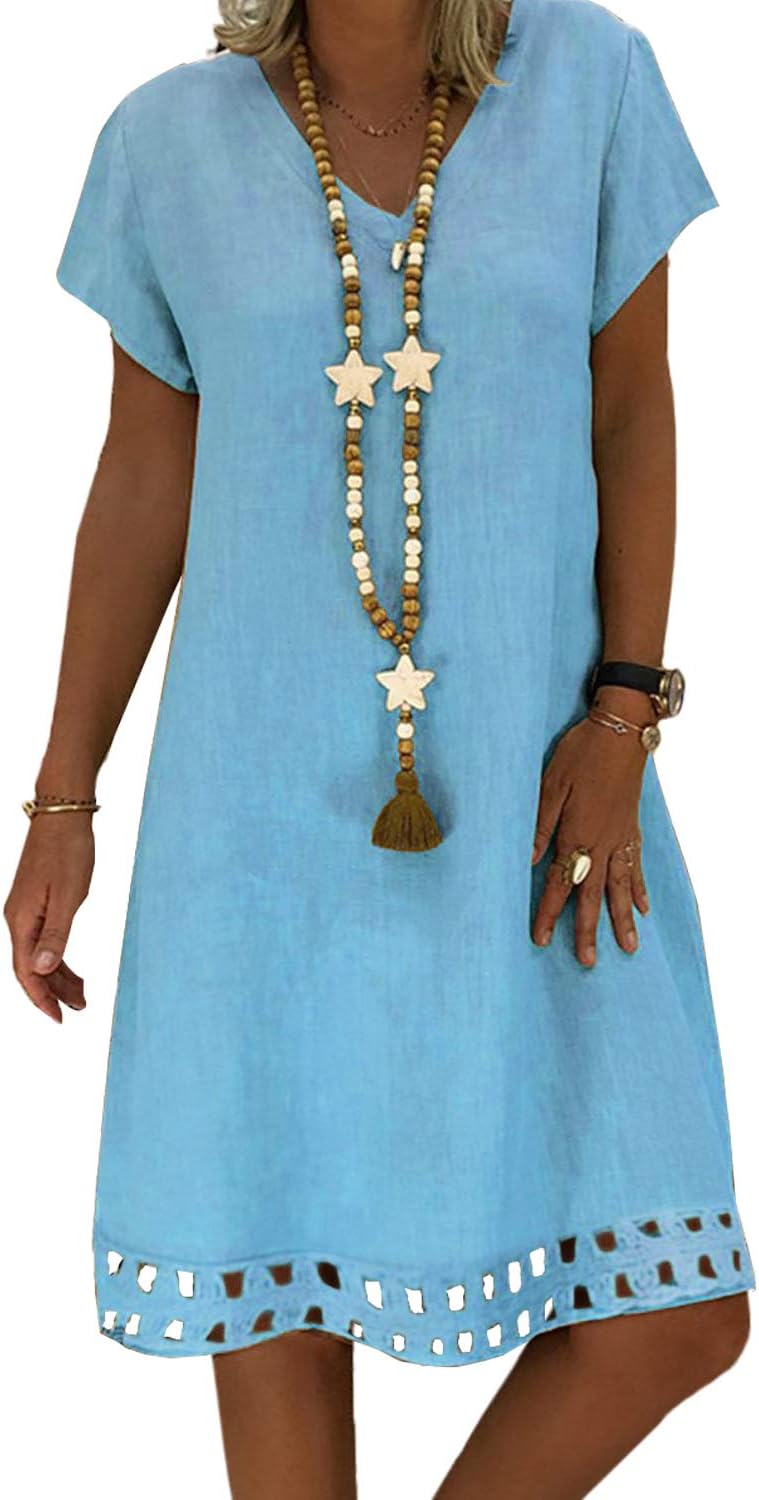Womens Summer V Neck Hollow-Out Hem Kaftan Bikini Cover Up Casual Beach Sun Dress