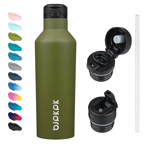 BJPKPK Insulated Water Bottle With Straw 25oz Stainless Steel Water Bottles With 2 Lids And Carry Handle Reusable Travel Metal Thermo,Olive Green