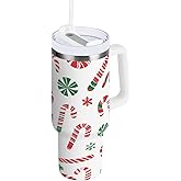 STAYTOP 30oz Christmas Candy Cane Tumbler With Lid and Straw,Leak Proof Durable Stainless Steel Insulated Tumbler With Handle, Spill Proof Water Bottles for Travel