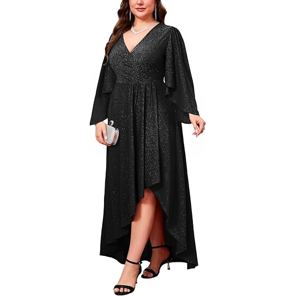 Amazon.com: ZOMVA Plus Size Sparkly Glitter Formal Maxi A Line Dress  Sparkle Wrap Ruffle Sleeve Prom Dresses Cocktail Evening Gown, Black, 0X :  Clothing, Shoes & Jewelry