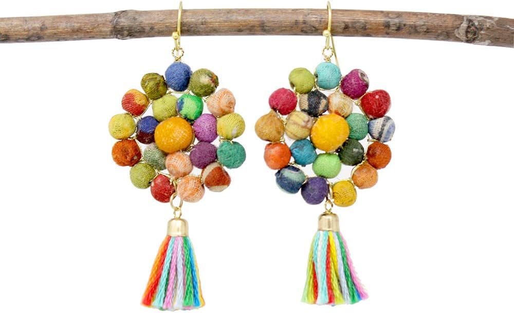 WorldFinds Kantha Tassel Disc Earrings