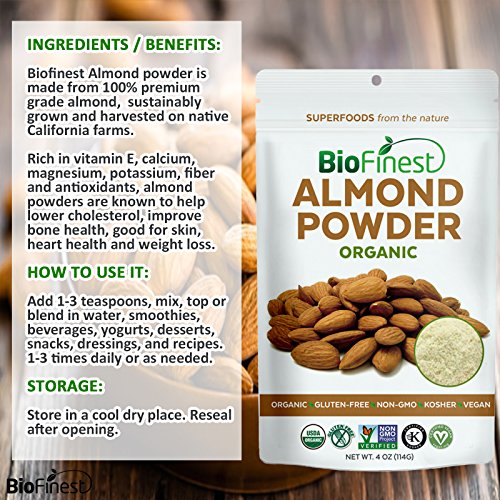Biofinest Almond Powder - Extra Fine Ground - 100% Pure Antioxidants Superfood - USDA Certified Organic Vegan Raw Non-GMO - Boost Digestion Weight Loss - For Smoothie Beverage (4 oz Resealable Bag)