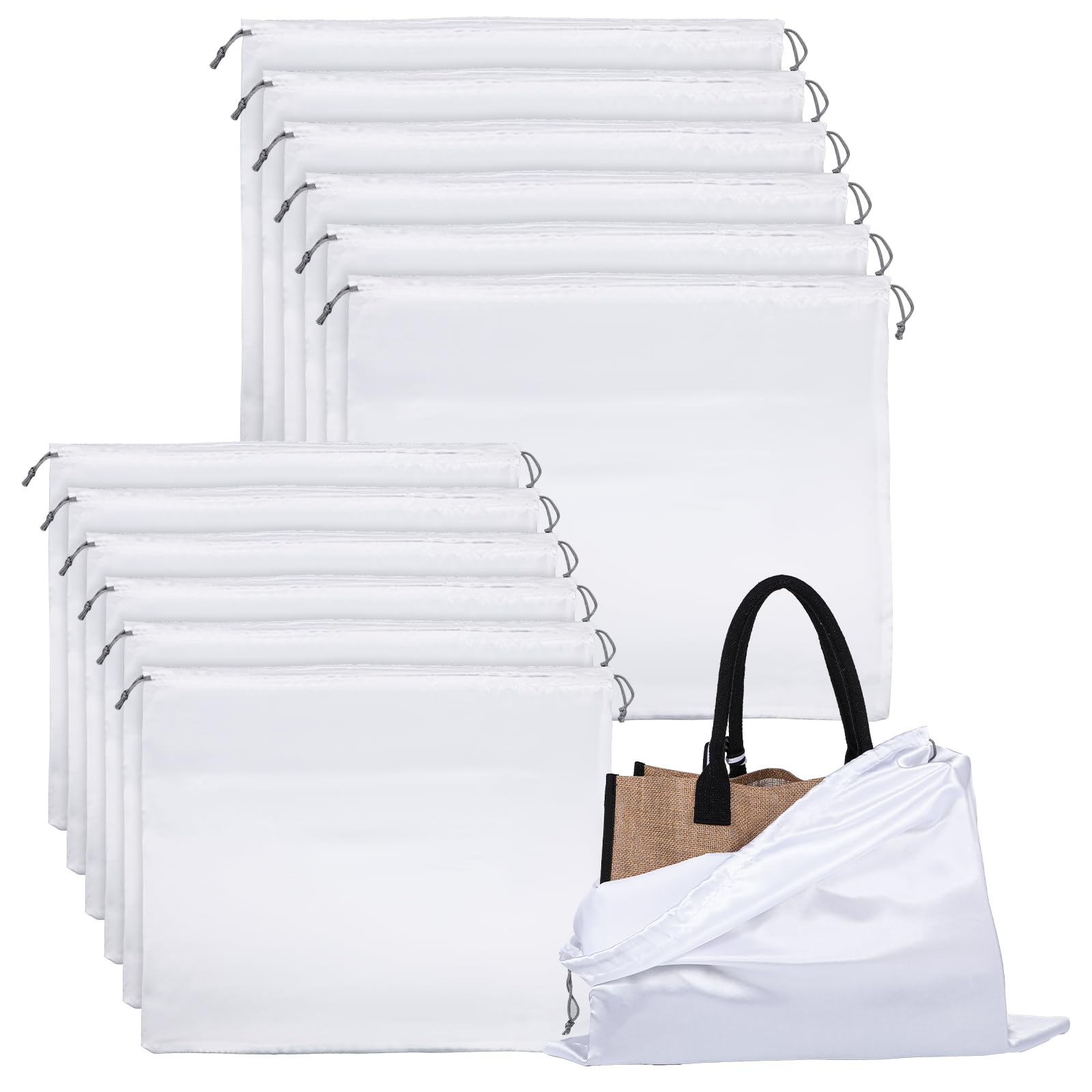 Photo 1 of 12 Pack Dust Bags for Handbag and Purses, 2 Sized Purse Storage Organizer Silk Bags with Drawstring, Travel Storage Pouch Satin Drawstring Bag for Shoes, Boots (White, 23.6 X 19.6 In, 19.6 X 15.7 In)