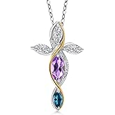 Cross Necklace For Women In 925 Silver and 10K Yellow Gold with Amethyst and Lab Grown Diamond and London Blue Topaz | 1.21 Cttw | Jesus Christian Religious Crucifix | Marquise 8X4MM | 18 Inch Chain