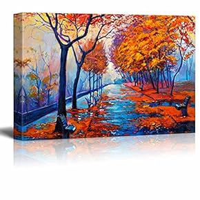 Original Oil Painting Showing Autumn Park with Empty Benches