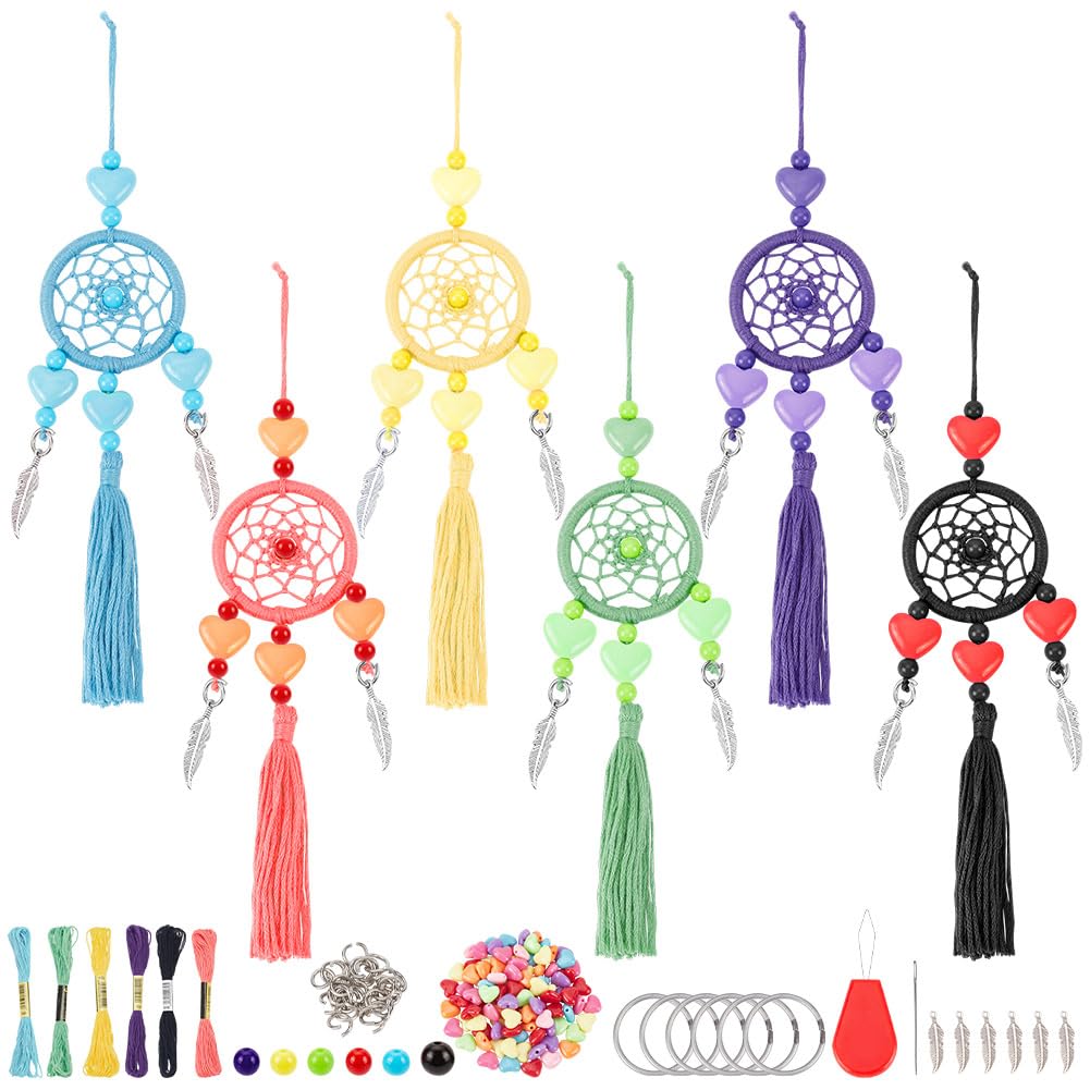 INFUNLY 6 Set Colorful DIY Dream Catcher Making Kit Mini Dream Catcher Keychain Macrame Dream Catcher Kit Handmade Small Dream Catcher Bag Pendant Car Interior Charm