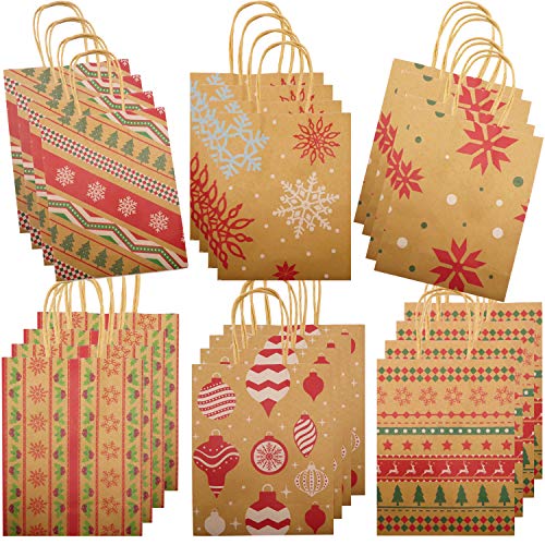 Kiddokids 24 Christmas Kraft Gift Bags + 24 Tissue Papers (Green & Red); Xmas Theme Party Favors Goody Bags.