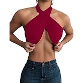 Mokoru Women's Sexy Sleeveless Halter Criss Cross Tank Crop Tops Self Tie Backless Cami