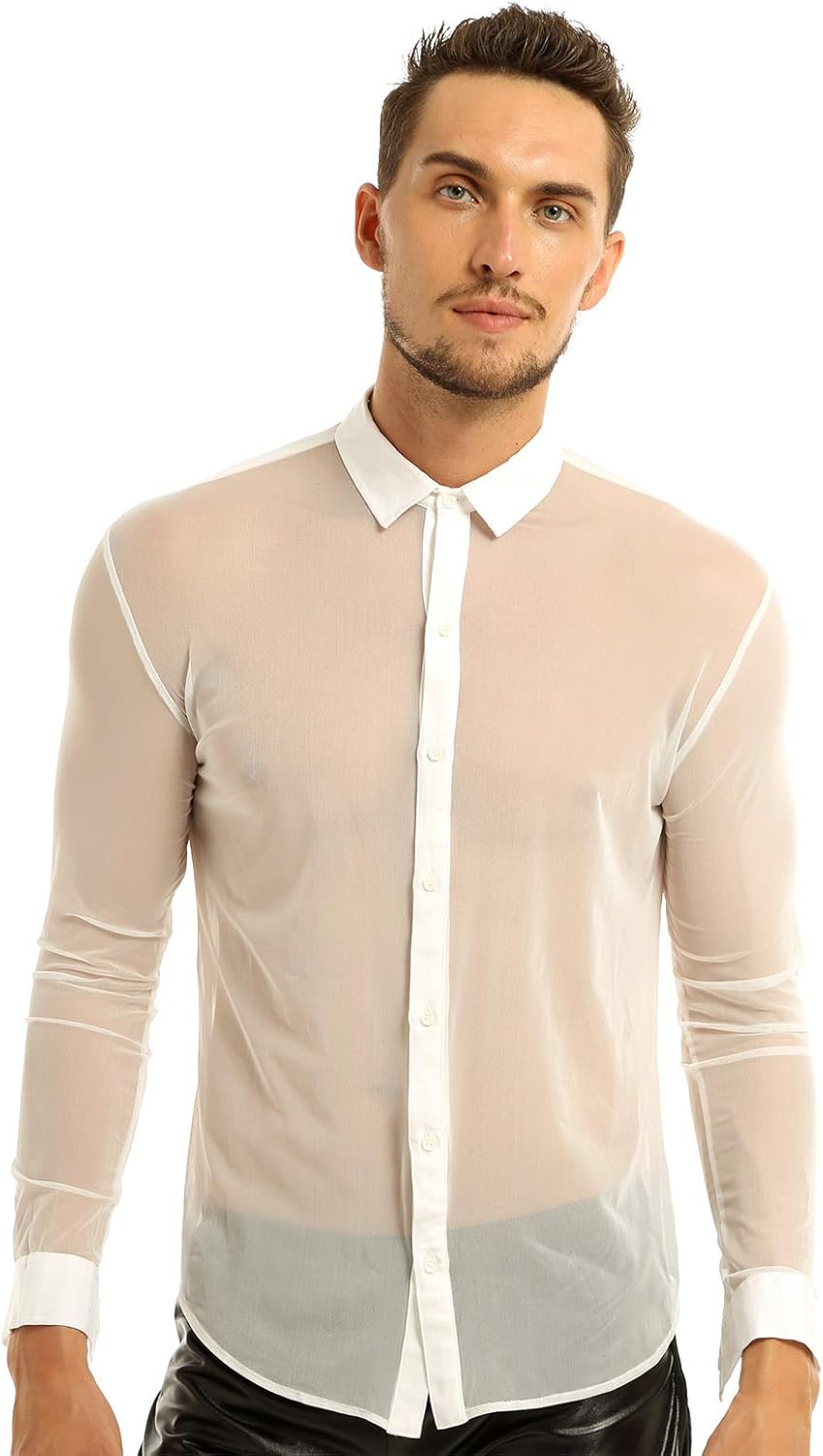 inlzdz Mens See Through Mesh Long Sleeve Top Loose Fit ButtonDown