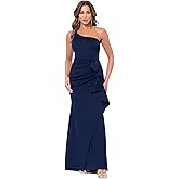 Xscape Women's Long One Shoulder Scuba Side Ruffle Dress, Midnight, 4