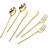 PULOTE 300PCS Gold Plastic Silverware Set Disposable - Heavy Duty Gold Utensils Set - Plastic Cutlery Disposable - Include 100 Knives, 100 Forks, 100 Spoons for Party & Wedding