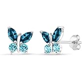 Gem Stone King 1.80 Cttw Marquise London Blue Topaz and Swiss Blue Topaz Butterfly Earrings For Women | 925 Sterling Silver | Gemstone November Birthstone | Center Stone: 6X3MM | Small Stones: 3MM
