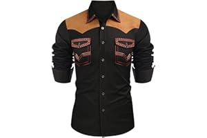 Men's Western Cowboy Shirt Embroidered Long Sleeve Slim Fit Casual Cotton Button Down Hippie Shirts with Pocket