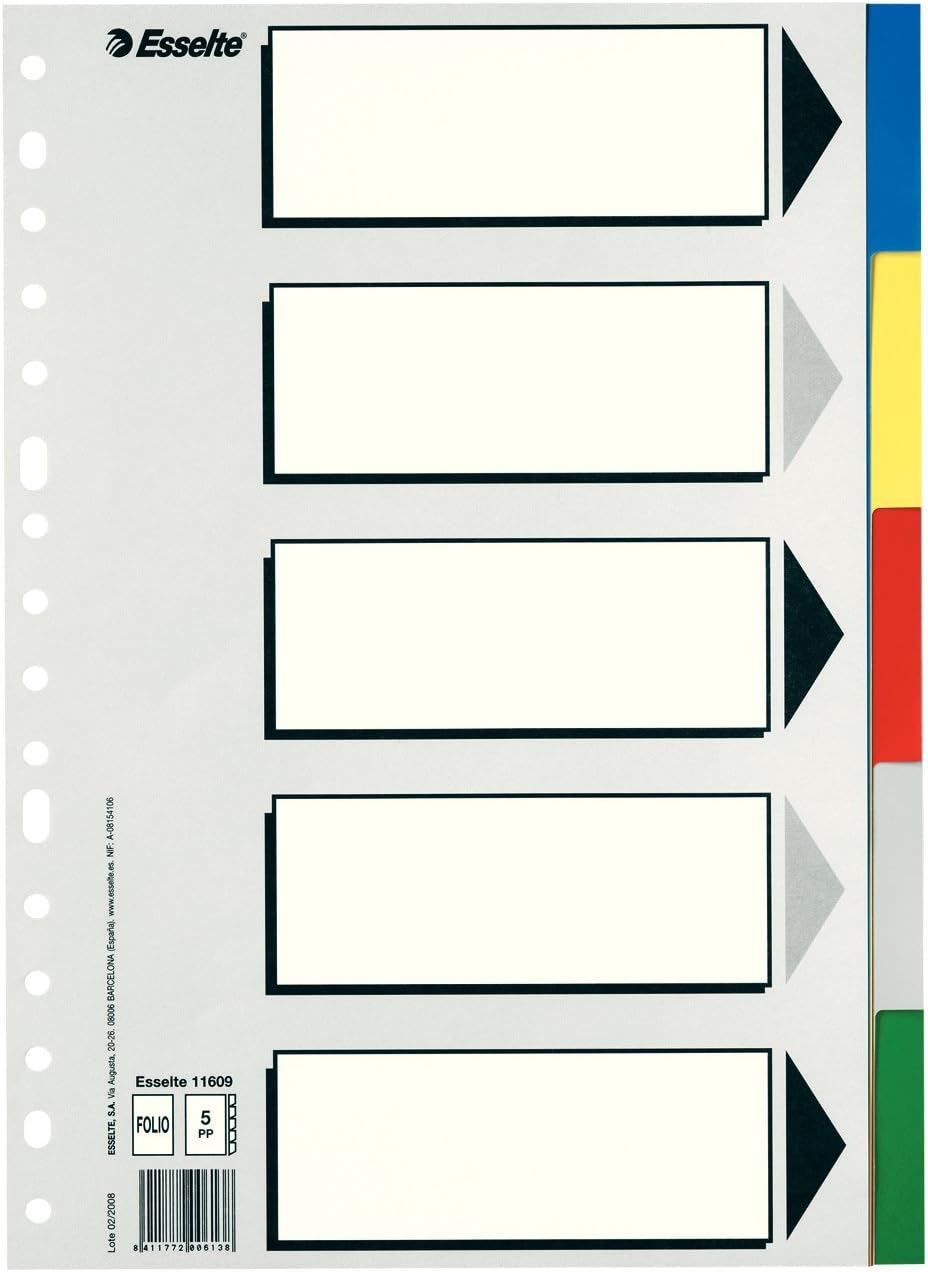Esselte 773932 5 Positions Polypropylene Divider, Colourful, Folio