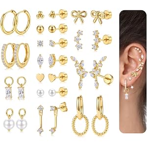 15 Pairs Hypoallergenic Flat Back Stud Earrings Stacks for Women Cartilage | Cartilage Helix Piercing Jewelry, Silver Trendy