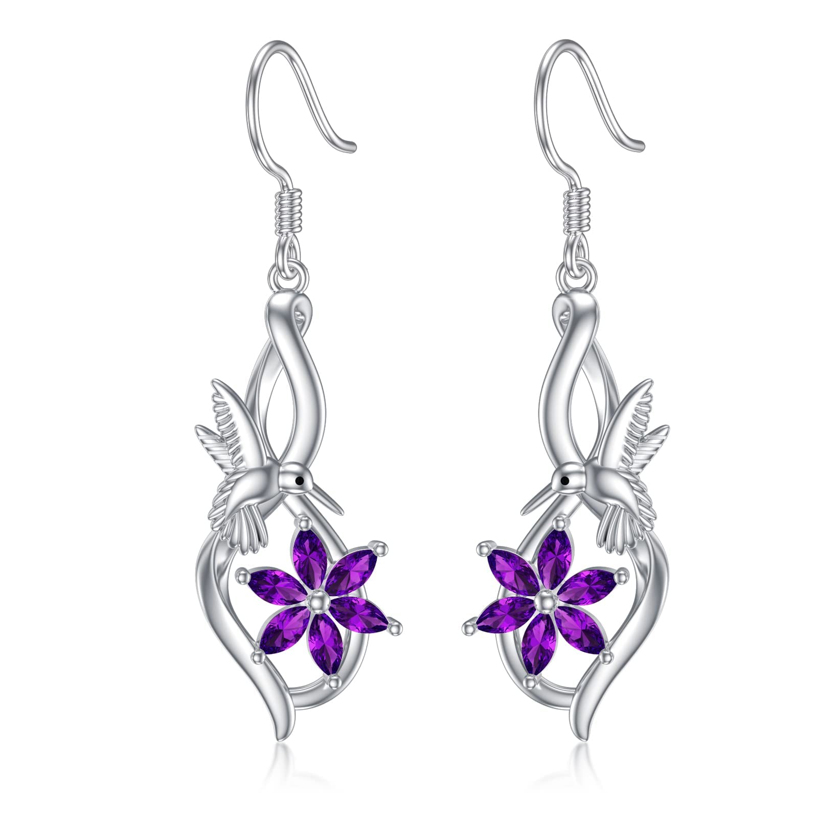 Flpruy Hummingbird Earrings 925 Sterling Silver February Amethyst Birthstone Earrings Infinity Hummingbird Dangle Earrings Jewelry Gifts for Women Girls