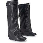 GOGD Fold Over Boots Women's Knee high Shark Boots Pointed Toe Wedge Heel Flat Shoes For Fall Winter Dress Boots