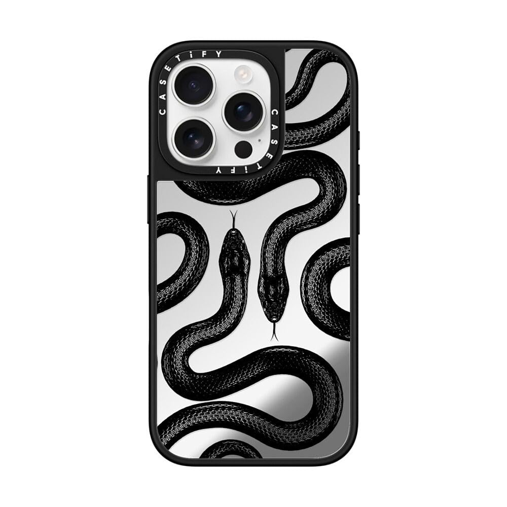 CASETiFY Mirror iPhone 16 Pro Case [Reflective / 4.9 ft. 1X Military Grade Drop Protection/Compatible with Magsafe] - Black Kingsnake - Silver on Black
